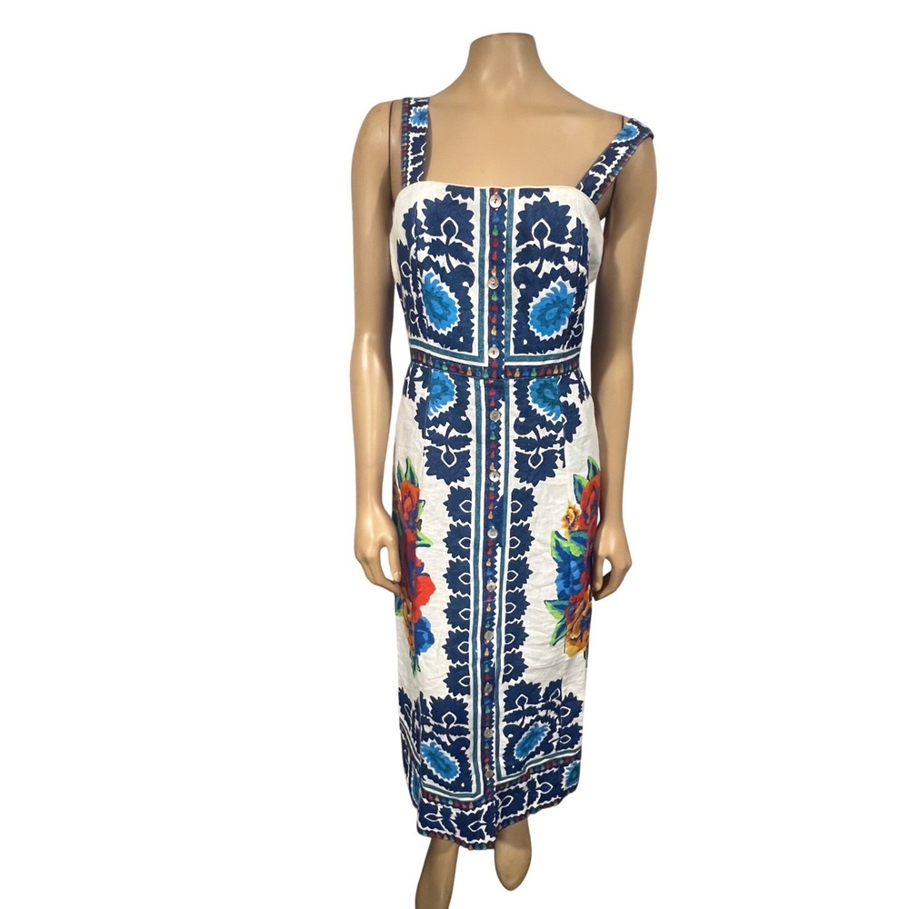 Farm Rio Flower Tapestry Off-White Midi Dress Blue Floral Button Front NWT M - Picture 5 of 11